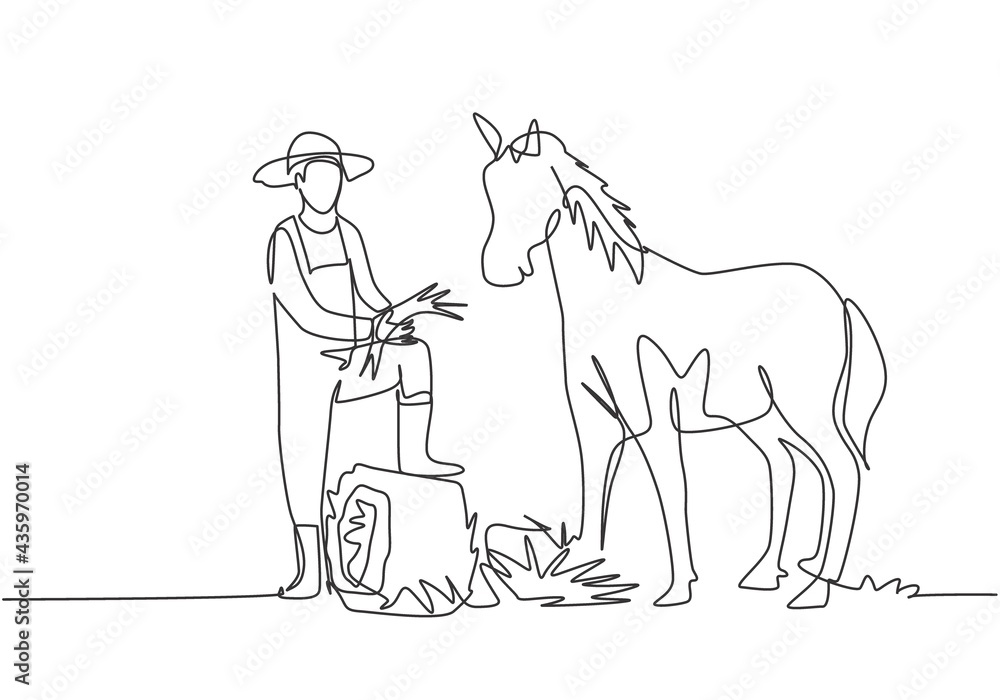 Fototapeta Młody rolnik-mężczyzna rysujący jedną ciągłą linię wbił nogę w zwinięte siano, gdy miał nakarmić konia. Koncepcja minimalizmu. Jedna linia rysowania ilustracji wektorowych projektowania graficznego.