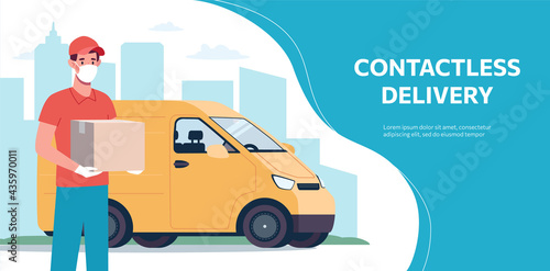 Web banner with a contactless delivery service in a van. A courier wearing a protective mask and gloves, who brought the box. Next to the courier is a truck. Vector in flat style