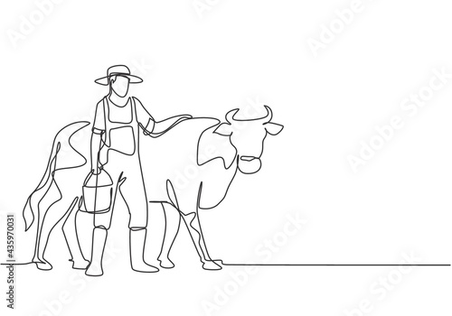 Continuous one line drawing young male farmer rubbing the cow while carrying a bucket of water. Successful farming activities minimalist concept. Single line draw design vector graphic illustration.