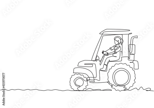 Single one line drawing of young female farmer drive a tractor to plow the fields. Successful farming challenge minimal concept. Modern continuous line draw design graphic vector illustration.