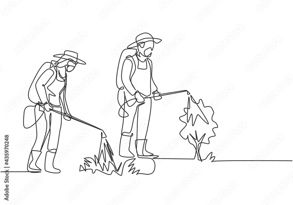 Single one line drawing of couple farmer complete with a mask spraying the plants with disinfectant sprayer. Farming minimalism concept. Continuous line draw design graphic vector illustration Single one line drawing of couple farmer complete with a mask spraying the plants with disinfectant sprayer. Farming minimalism concept. Continuous line draw design graphic vector illustration