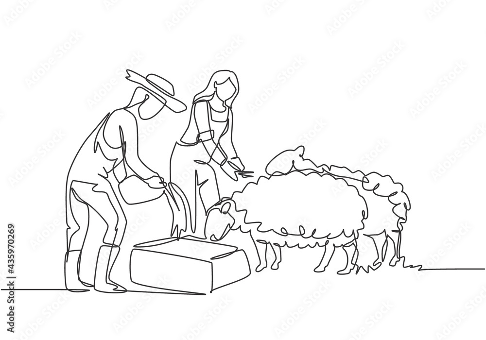 Continuous one line drawing couple farmer are feeding the sheep so that the sheep will be healthy and produce the best meat. Minimalist concept. Single line draw design vector graphic illustration.
