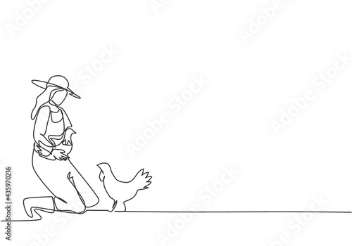 Continuous one line drawing young female farmer knelt down to pick up the chicken. To return to the coop. Successful farming minimalist concept. Single line draw design vector graphic illustration.