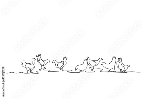 Single continuous line drawing of several chickens were playing in the fields while looking for food. Successful farming minimalism concept. Dynamic one line draw graphic design vector illustration