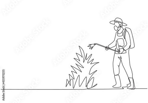 Single continuous line drawing young male farmer complete with mask spraying the green plants with disinfectant sprayer. Minimalism concept. Dynamic one line draw graphic design vector illustration