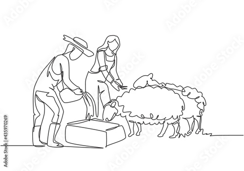 Continuous one line drawing couple farmer are feeding the sheep so that the sheep will be healthy and produce the best meat. Minimalist concept. Single line draw design vector graphic illustration.