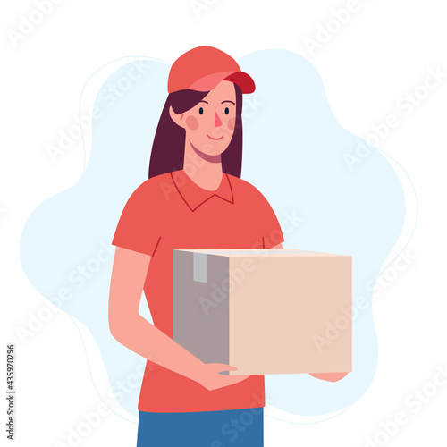 Courier girl who brought the box. Safe delivery of the order from the delivery service..Vector in flat style isolated on white background.