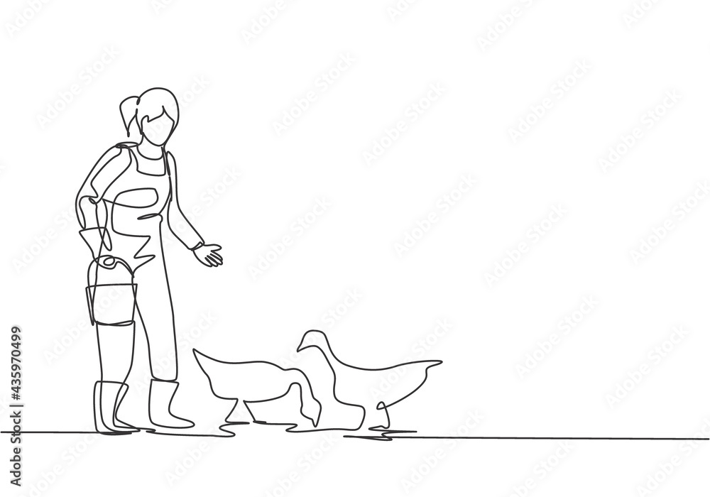 Single continuous line drawing young female farmer feeding the geese to be healthy and produce the best eggs and meat. Minimalism concept. Dynamic one line draw graphic design vector illustration.