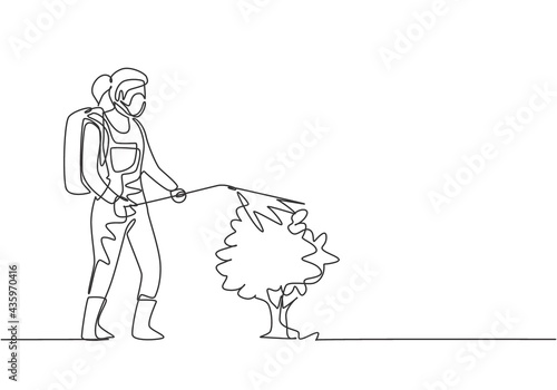 Continuous one line drawing female farmer, complete with a mask, is spraying the plants with a disinfectant sprayer. Farming minimalist concept. Single line draw design vector graphic illustration.