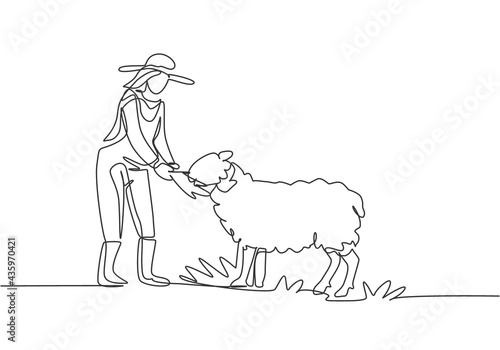 Single continuous line drawing young female farmer is feeding the sheep so that the sheep will be healthy and produce best meat. Minimalism concept. One line draw graphic design vector illustration.