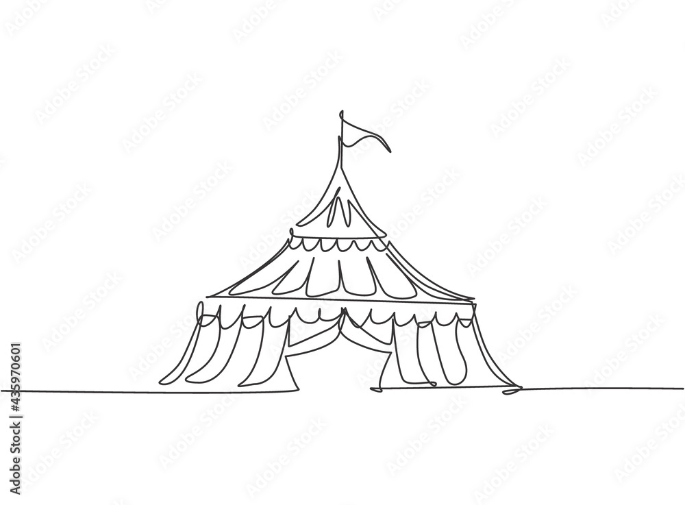 Vecteur Stock Single continuous line drawing circus tent in the shape of a  triangle with stripes and a flag at the top. Show place for clowns,  magicians, animals. One line draw graphic