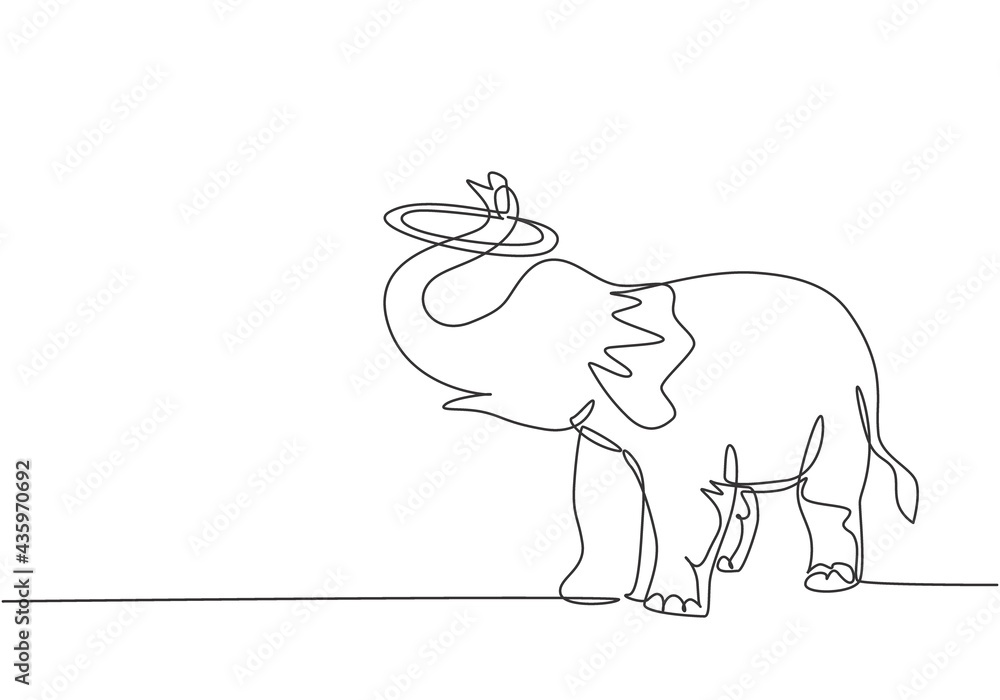 Single one line drawing of an elephant performs a circus show by turning a  circle using