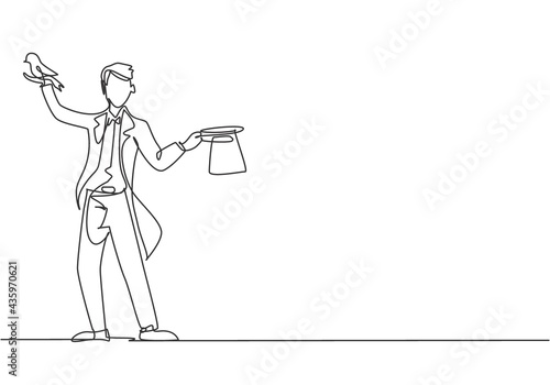 Single continuous line drawing the magician puts on a show by getting a bird out of his magic hat. A very interesting magic show. Dynamic one line draw graphic design vector illustration.