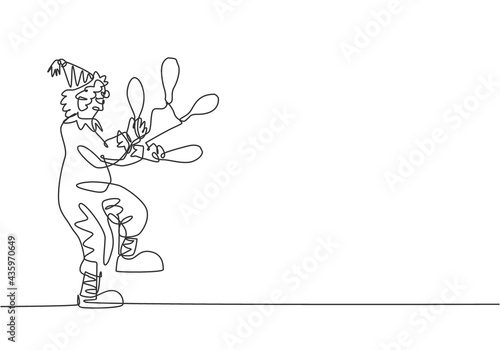 Single continuous line drawing a male clown juggling on one leg. The playing clown was very funny and entertained the audience. Circus show event. One line draw graphic design vector illustration.