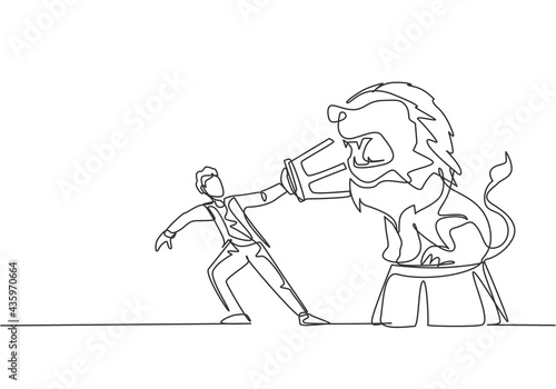 Continuous one line drawing a lion stands on a circus chair, pulling a chair with his trainer. A circus performance that makes the audience tense. Single line draw design vector graphic illustration.