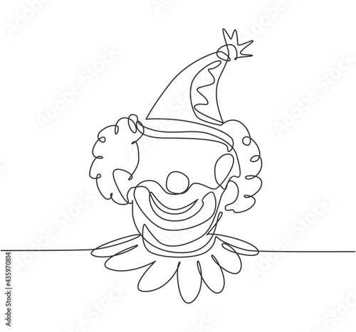 Single one line drawing of the face of a male clown wearing a circus hat with a cheerful smile that is very characteristic. Circus show. Modern continuous line draw design graphic vector illustration.
