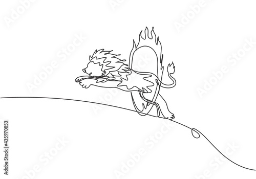 Single continuous line drawing a lion jumping into a circle of fire at a circus show. The trainer is paying close attention. Amazing performance. One line draw graphic design vector illustration.