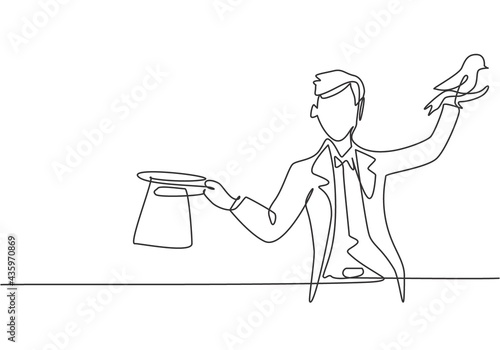 Single continuous line drawing the magician puts on a show by getting a bird out of his magic hat. Very impressive magic show that night. Dynamic one line draw graphic design vector illustration.