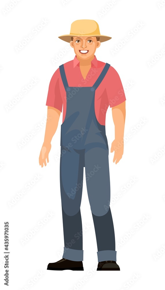 The farmer guy is standing. Young handsome cute boy wearing a hat. In uniform, overalls. Single. Cartoon flat style. The illustration is isolated on a white background. Vector The farmer guy is standing. Young handsome cute boy wearing a hat. In uniform, overalls. Single. Cartoon flat style. The illustration is isolated on a white background. Vector