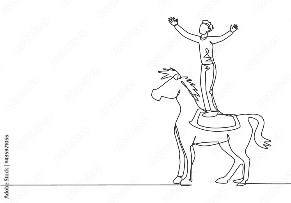 Single continuous line drawing a male acrobat performs a stunt on a circus horse by standing on the horse's back and raising his hands. Dynamic one line draw graphic design vector illustration.