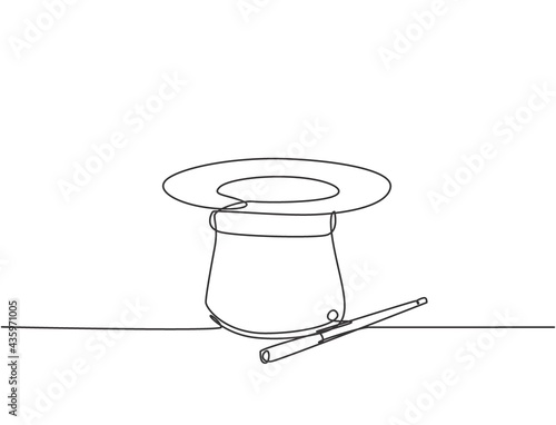 Single continuous line drawing magic hat and wand that a magician needs for a magic show. Two tools that are always there in every magician. Dynamic one line draw graphic design vector illustration.