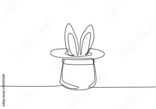 Single one line drawing the magic hat was turned upside down, then there were rabbit ears sticking out of it. A magic show at a circus performance. One line draw design graphic vector illustration.