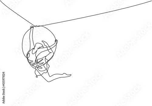 Continuous one line drawing an acrobatic woman who performs on an aerial hoop while dancing and has one leg raised near the back of her head. Single line draw design vector graphic illustration.