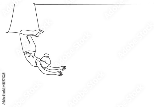 Continuous one line drawing a female acrobat performs on the trapeze with her legs hanging and head down while swinging her hand. Brave and agile. Single line draw design vector graphic illustration.