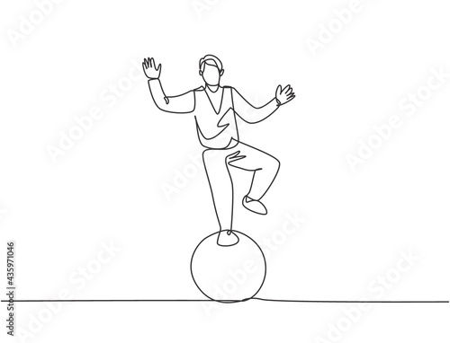Continuous one line drawing a male acrobat performs a standing stunt with one foot on a circus ball while performing a dance. Interesting for the audience. Single line draw design vector illustration.