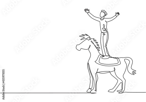Single continuous line drawing a male acrobat performs a stunt on a circus horse by standing on the horse's back and raising his hands. Dynamic one line draw graphic design vector illustration.