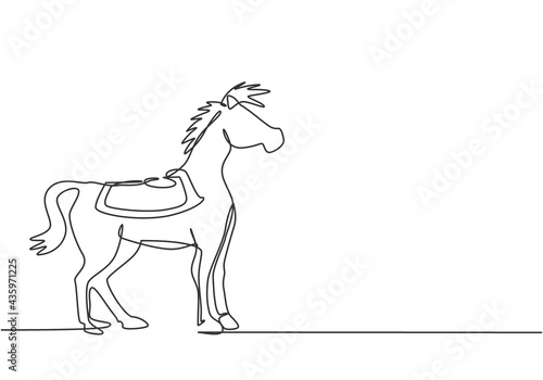 Single continuous line drawing a circus horse stands on the show arena, looking ahead and getting ready to perform an attraction. Highly skilled horse. One line draw graphic design vector illustration