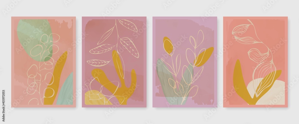 Modern Trendy Cards Set with Line Art Elements, Plants, Flowers, Leaves. Abstract Banners Collection. Trendy Minimalist Poster Line Art Design. Minimal Abstract Background. Vector EPS 10.