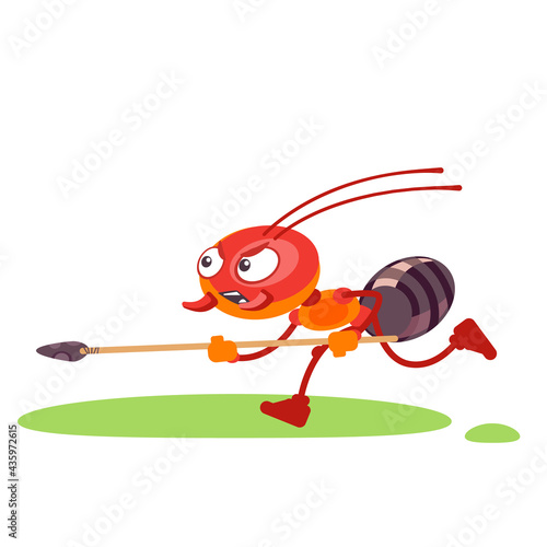Ant soldier character in a fighting pose screams and runs to attack. Cartoon flat design vector illustration isolated on white background