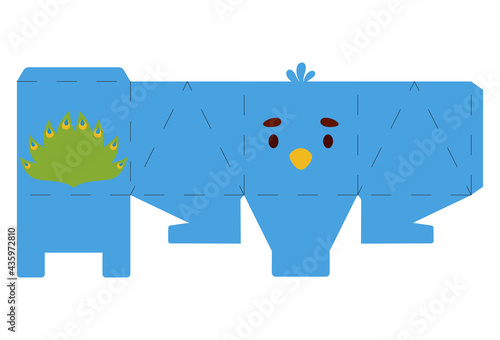 Party favor box peacock design for sweets, candies, small presents, bakery. Package template, great design for any purposes, birthdays, baby showers, halloween, christmas. Vector stock illustration.