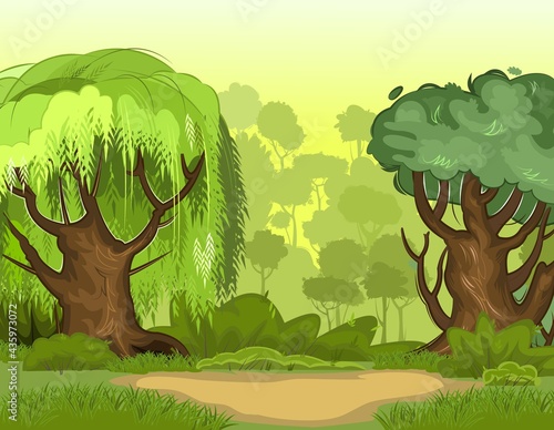 Summer forest landscape. Light foggy thickets. Dense foliage, shrubs and a clearing at the edge. View of green trees. Cartoon flat style. Nature illustration. Vector