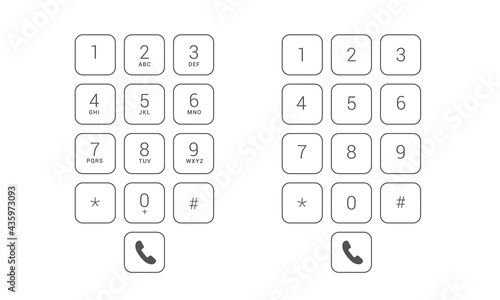 Flat design illustration set of dial keyboard touch screen mobile phone with letters and numbers. Transparent square buttons, vector