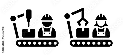 Mechanical robot arm on conveyor with employee icon isolated on white background.
