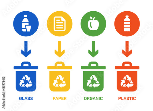 Trash bin for separate garbage collection, different colors and recycling sign, glass, paper, organic, plastic icon vector illustration.