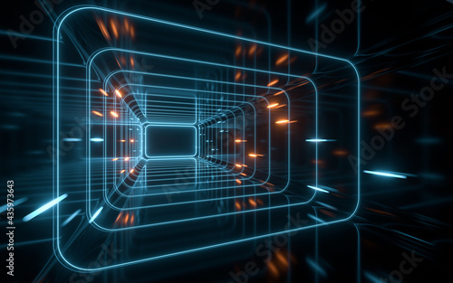 Fototapeta Naklejka Na Ścianę i Meble -  Tunnel and neon light with black background, 3d rendering.