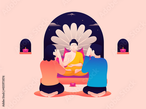 Vector illustration of a couple worshiping a buddha statue