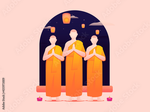 Vector illustration of three monks celebrating Vesak Day