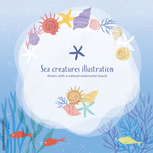 海の生き物のイラスト/サークルフレーム青