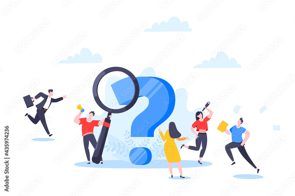 Q and A or FAQ concept with tiny people characters, big question mark, frequently asked questions template. Answers business support concept flat style design vector illustration.
