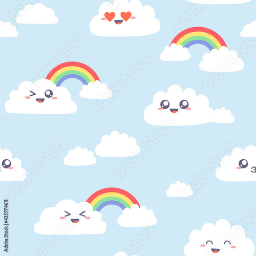 Seamless pattern with cute kawaii clouds. Simple cloud smiling characters and rainbows on pastel blue background. Vector design