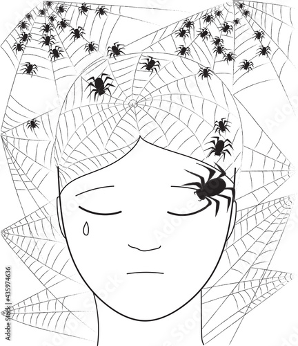 Woman head full of nightmares with net and spiders. Concept sketchy doodles illustration about stress and depression