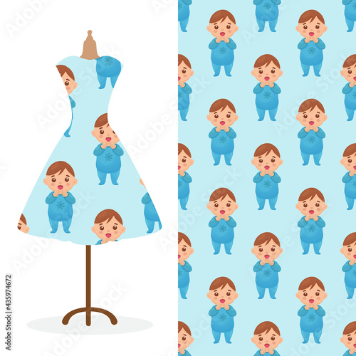 Womens long dress mock up with bright seamless hand drawn pattern for textile, paper print. 