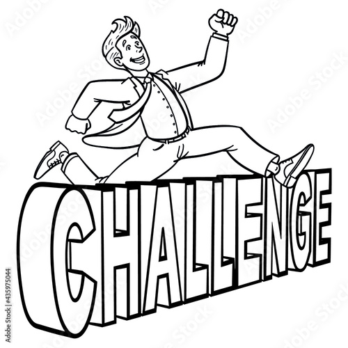 Smiling businessman casually jumping over large 3D "challenge" lettering. monochrome, comic, concept, isolated.