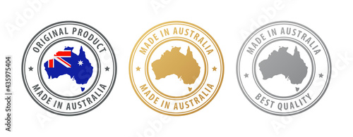 Made in Australia - set of stamps with map and flag. Best quality. Original product. Vector illustration