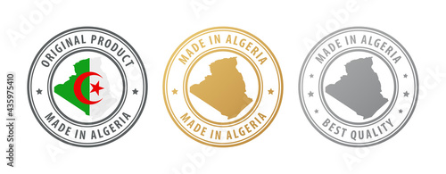 Made in Algeria - set of stamps with map and flag. Best quality. Original product. Vector illustration