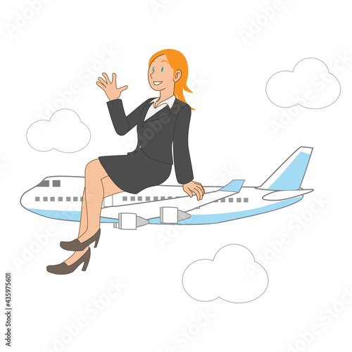 飛行機に乗る白人ビジネスウーマン